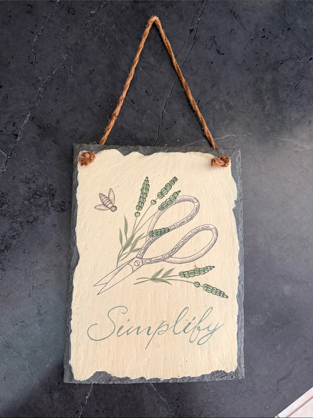 Simplify Hanging Slate Sign with Botanical Scissors Artwork